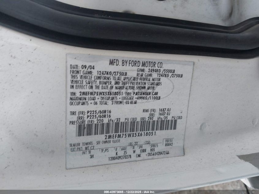 2005 Mercury Grand Marquis Ls/Lse VIN: 2MEFM75WX5X618051 Lot: 43973085