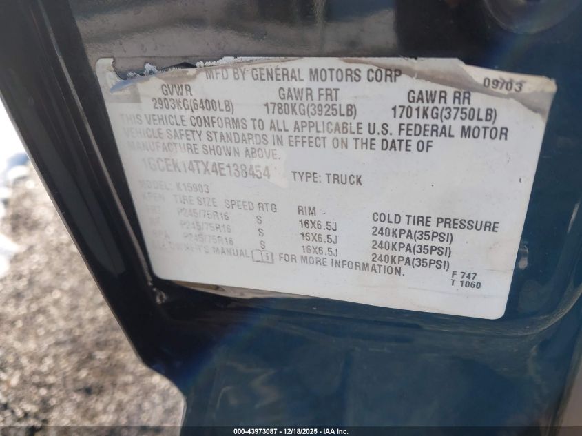 2004 Chevrolet Silverado 1500 Ls VIN: 1GCEK14TX4E138454 Lot: 43973087