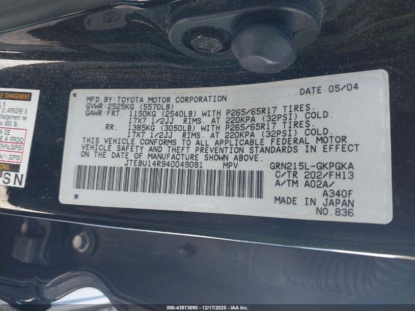 2004 Toyota 4Runner Sr5 Sport V6 VIN: JTEBU14R940049081 Lot: 43973090