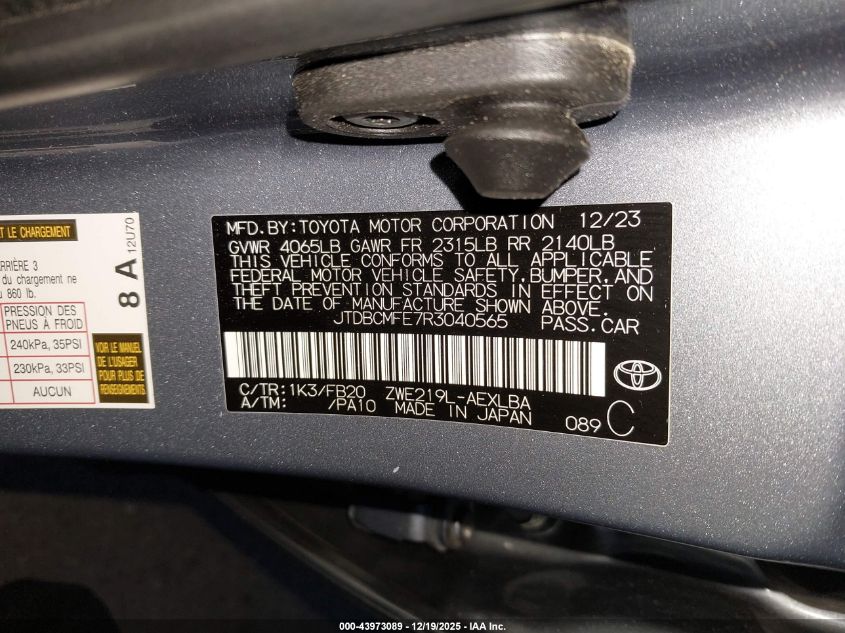 2024 Toyota Corolla Hybrid Le VIN: JTDBCMFE7R3040565 Lot: 43973089