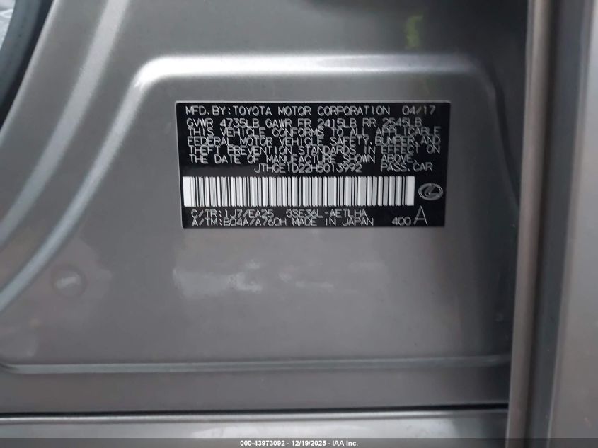 2017 Lexus Is 350 VIN: JTHCE1D22H5013992 Lot: 43973092