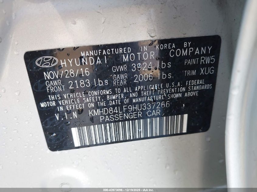 2017 Hyundai Elantra Value Edition VIN: KMHD84LF9HU337266 Lot: 43973096