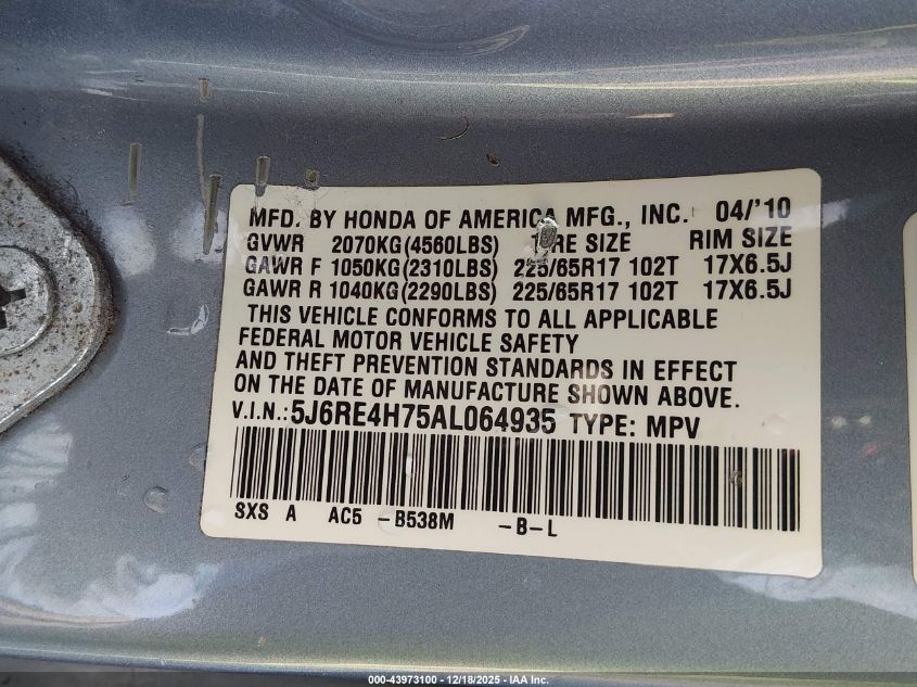 2010 Honda Cr-V Ex-L VIN: 5J6RE4H75AL064935 Lot: 43973100