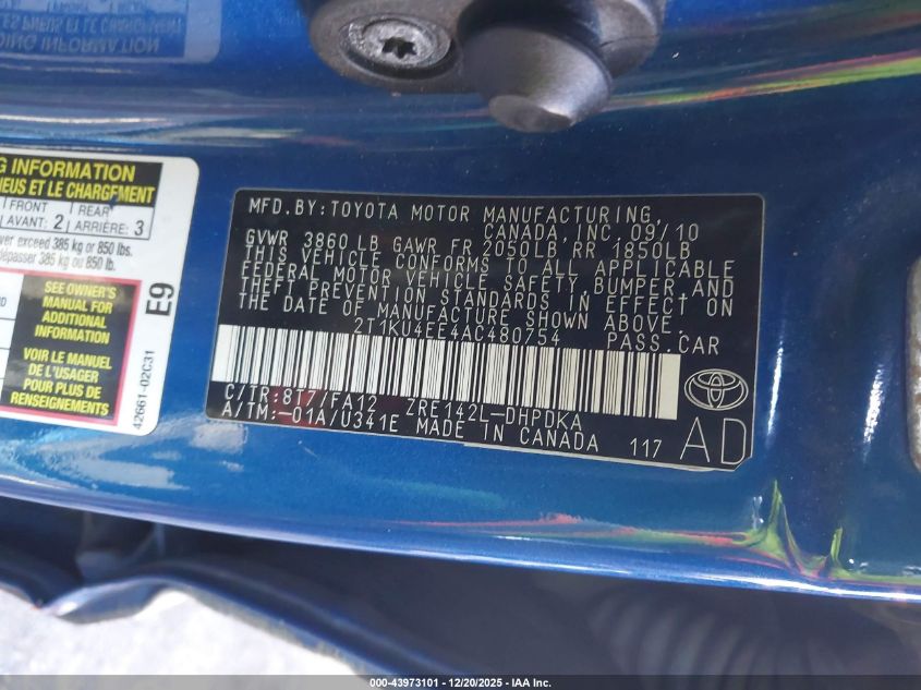 2010 Toyota Matrix VIN: 2T1KU4EE4AC480754 Lot: 43973101