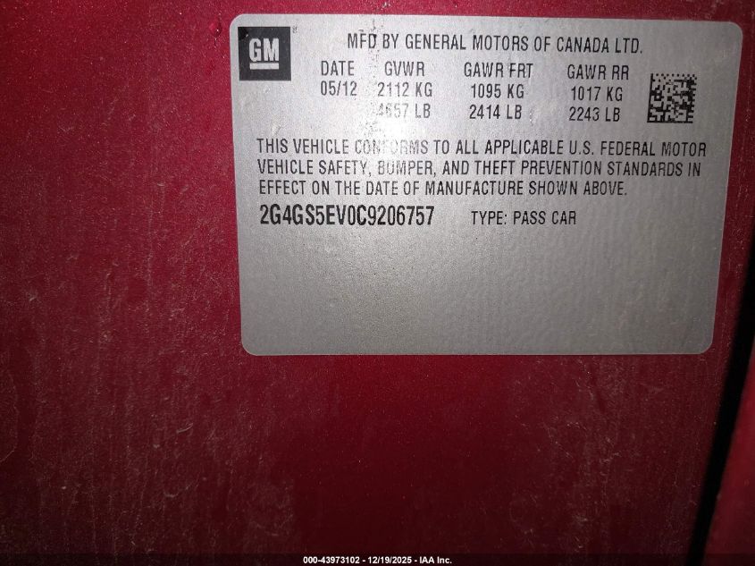 2012 Buick Regal Turbo - Premium 1 VIN: 2G4GS5EV0C9206757 Lot: 43973102