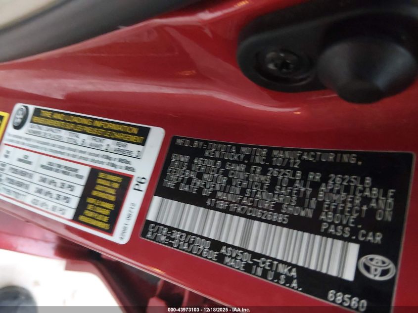 2012 Toyota Camry Le VIN: 4T1BF1FK7CU626885 Lot: 43973103