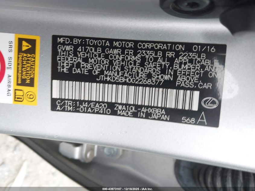 2016 Lexus Ct 200H VIN: JTHKD5BH0G2268377 Lot: 43973107