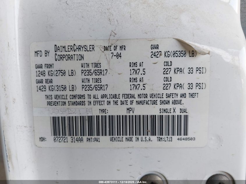 2005 Jeep Liberty Sport VIN: 1J4GL48K35W502051 Lot: 43973111