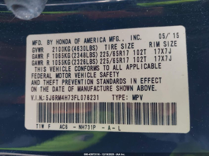 2015 Honda Cr-V Ex-L VIN: 5J6RM4H73FL078231 Lot: 43973116