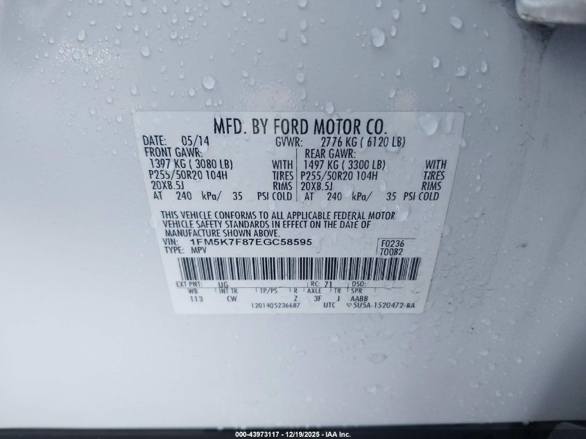 2014 Ford Explorer Limited VIN: 1FM5K7F87EGC58595 Lot: 43973117