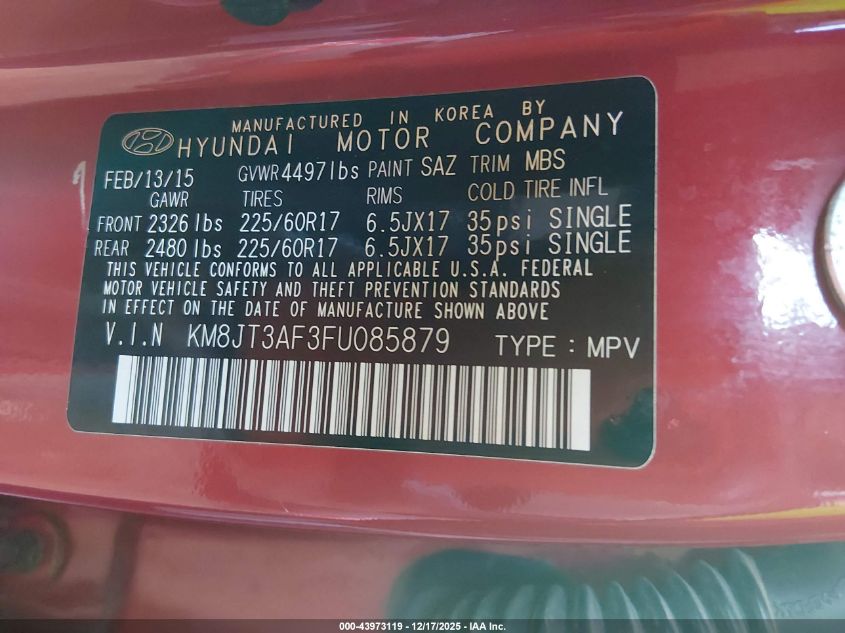 2015 Hyundai Tucson Gls VIN: KM8JT3AF3FU085879 Lot: 43973119