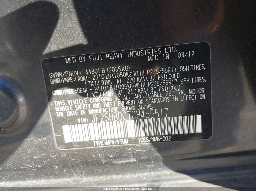 2012 Subaru Forester 2.5X Premium VIN: JF2SHBDC7CH455517 Lot: 43973120