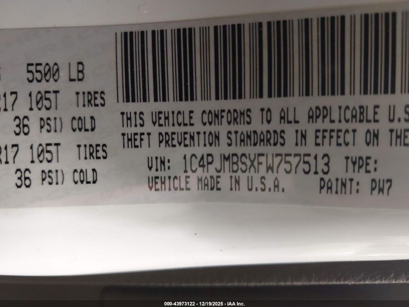 2015 Jeep Cherokee Trailhawk VIN: 1C4PJMBSXFW757513 Lot: 43973122