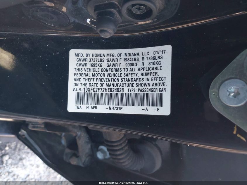 2017 Honda Civic Ex VIN: 19XFC2F72HE024028 Lot: 43973124