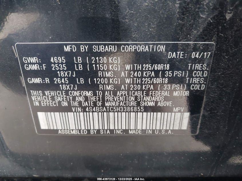 2017 Subaru Outback 2.5I Touring VIN: 4S4BSATC5H3386855 Lot: 43973128