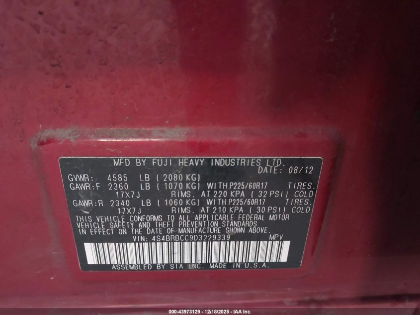 2013 Subaru Outback 2.5I Premium VIN: 4S4BRBCC9D3229339 Lot: 43973129