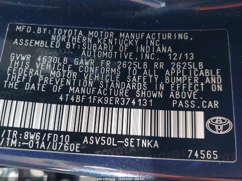 2014 Toyota Camry Le VIN: 4T4BF1FK9ER374131 Lot: 43973130