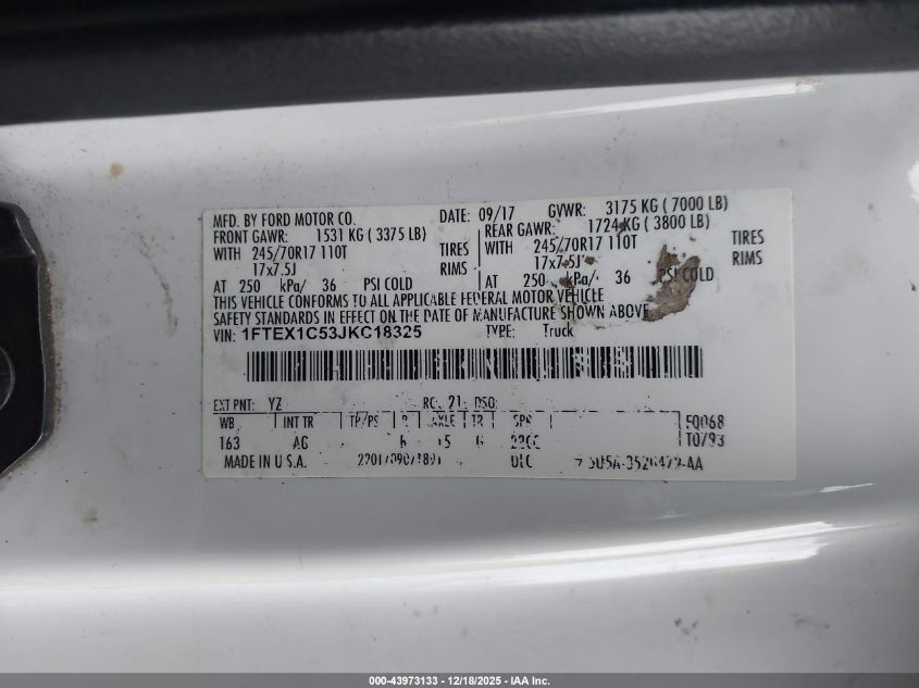 2018 Ford F-150 Xl VIN: 1FTEX1C53JKC18325 Lot: 43973133