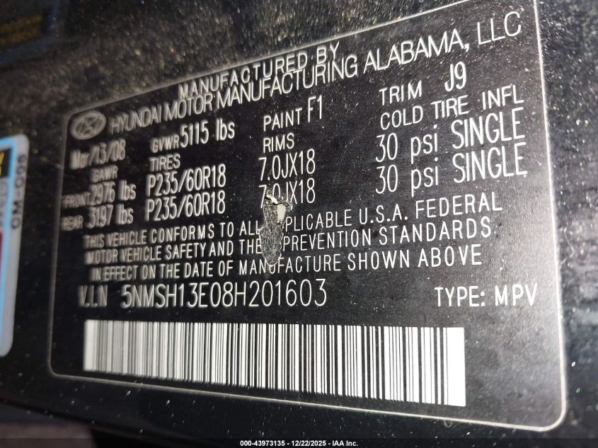 2008 Hyundai Santa Fe Limited/Se VIN: 5NMSH13E08H201603 Lot: 43973135