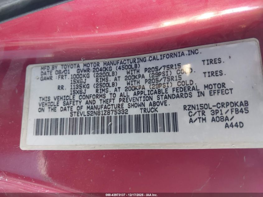 2001 Toyota Tacoma VIN: 5TEVL52N81Z875332 Lot: 43973137