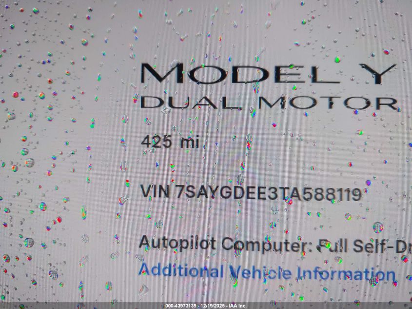 2026 Tesla Model Y Long Range Launch Series/Premium All-Wheel Drive VIN: 7SAYGDEE3TA588119 Lot: 43973139