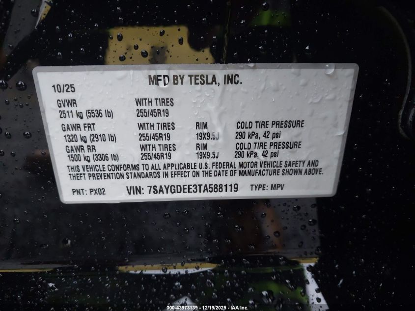 2026 Tesla Model Y Long Range Launch Series/Premium All-Wheel Drive VIN: 7SAYGDEE3TA588119 Lot: 43973139