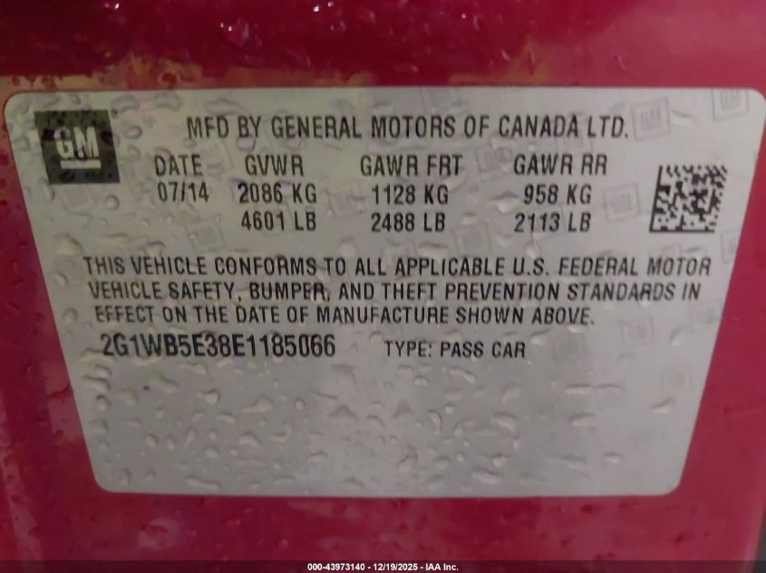 2014 Chevrolet Impala Limited Lt VIN: 2G1WB5E38E1185066 Lot: 43973140