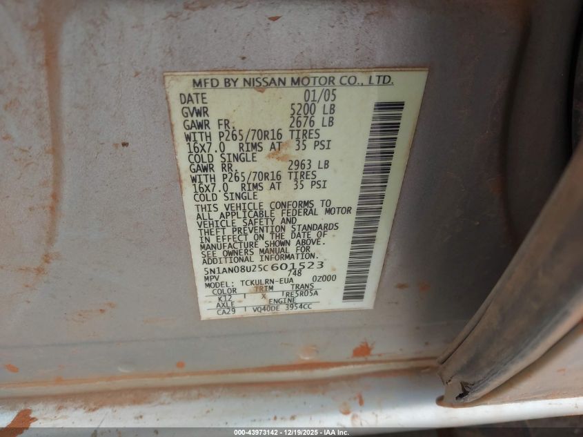 2005 Nissan Xterra S VIN: 5N1AN08U25C601523 Lot: 43973142