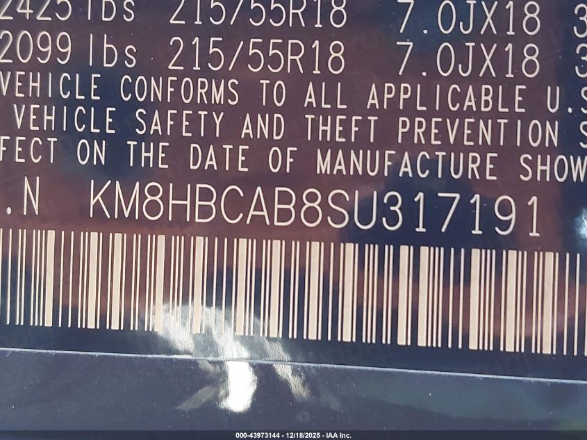 2025 Hyundai Kona Sel VIN: KM8HBCAB8SU317191 Lot: 43973144