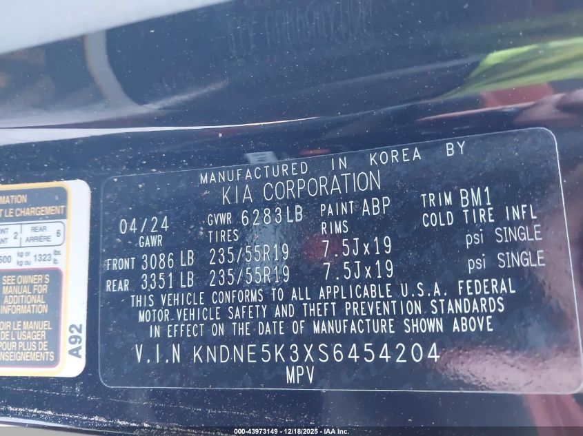 2025 Kia Carnival Mpv Sx VIN: KNDNE5K3XS6454204 Lot: 43973149