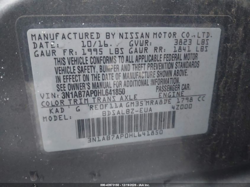 2017 Nissan Sentra S VIN: 3N1AB7AP0HL641850 Lot: 43973150