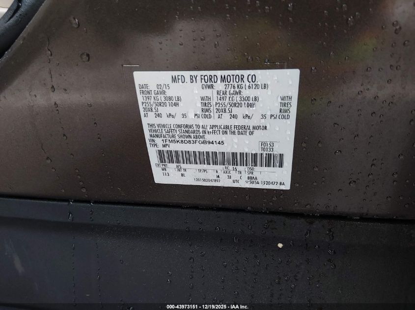 2015 Ford Explorer Xlt VIN: 1FM5K8D83FGB94145 Lot: 43973151