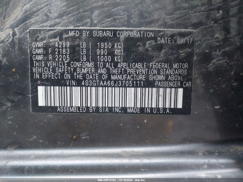 2018 Subaru Impreza 2.0I VIN: 4S3GTAA66J3705111 Lot: 43973152