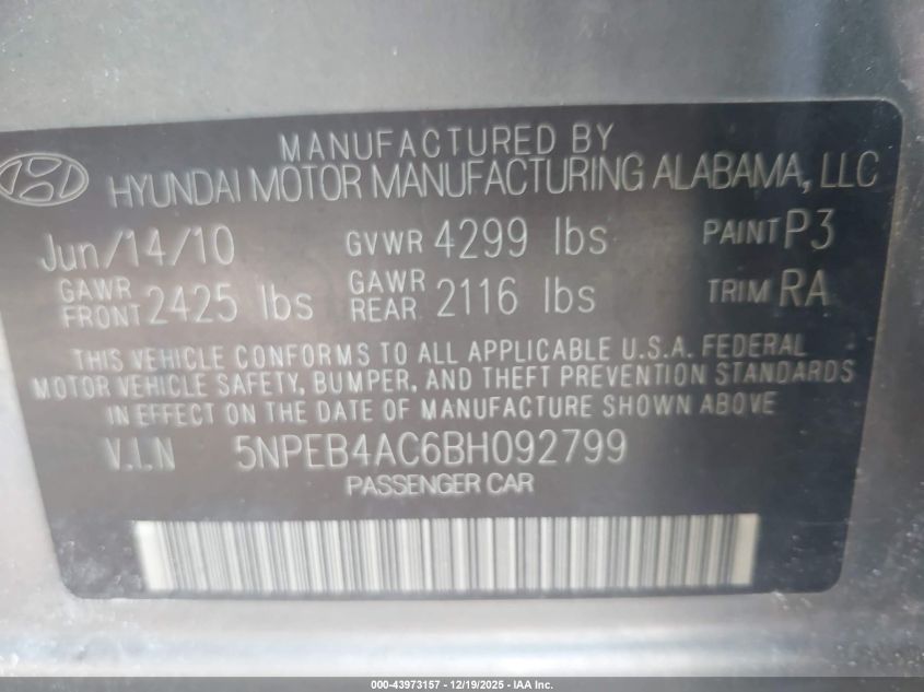 2011 Hyundai Sonata Gls VIN: 5NPEB4AC6BH092799 Lot: 43973157