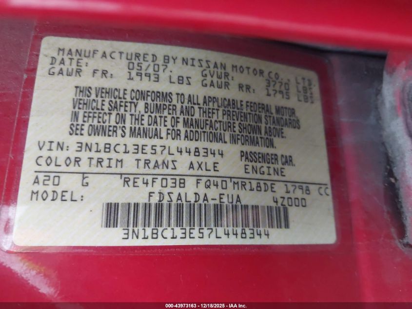 2007 Nissan Versa 1.8S VIN: 3N1BC13E57L448344 Lot: 43973163