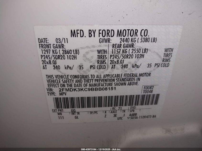 2011 Ford Edge Limited VIN: 2FMDK3KC9BBB08151 Lot: 43973164