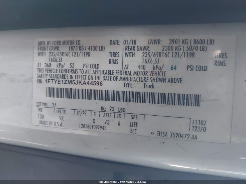 2018 Ford Transit-150 VIN: 1FTYE1ZM5JKA44596 Lot: 43973166