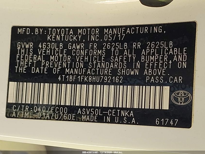 2017 Toyota Camry Le VIN: 4T1BF1FK8HU792162 Lot: 43973168