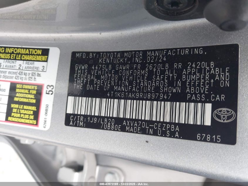 2024 Toyota Camry Xse VIN: 4T1K61AK9RU897947 Lot: 43973169