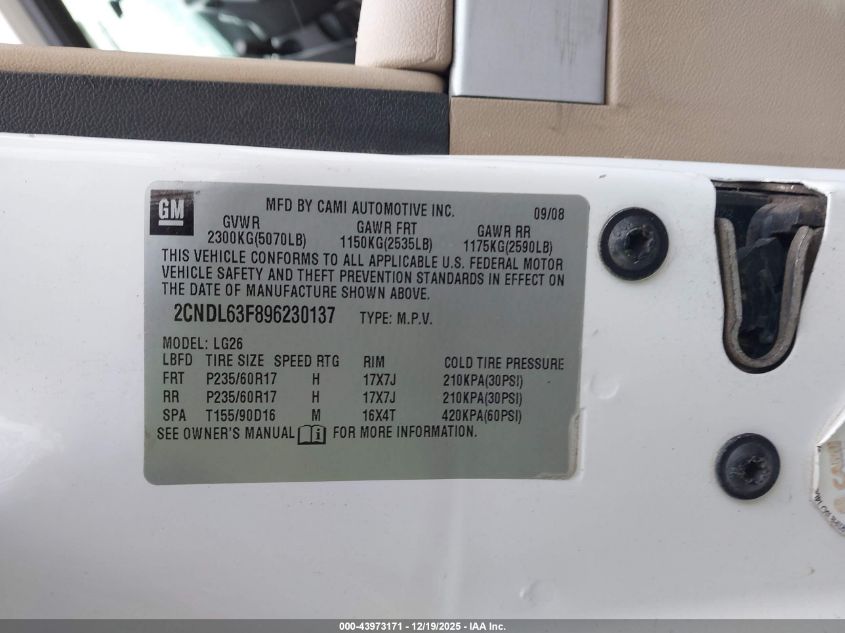 2009 Chevrolet Equinox Lt VIN: 2CNDL63F896230137 Lot: 43973171