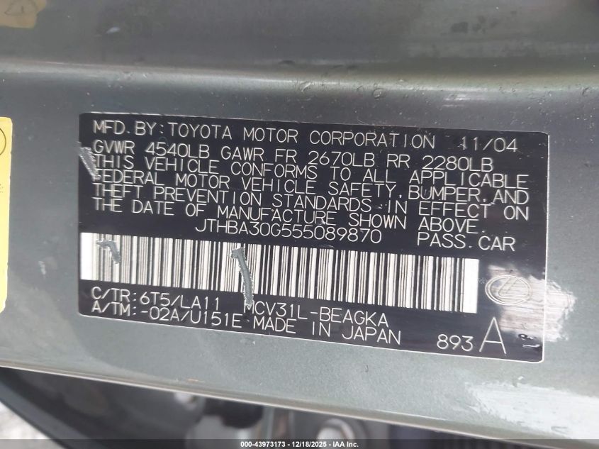 2005 Lexus Es 330 VIN: JTHBA30G555089870 Lot: 43973173