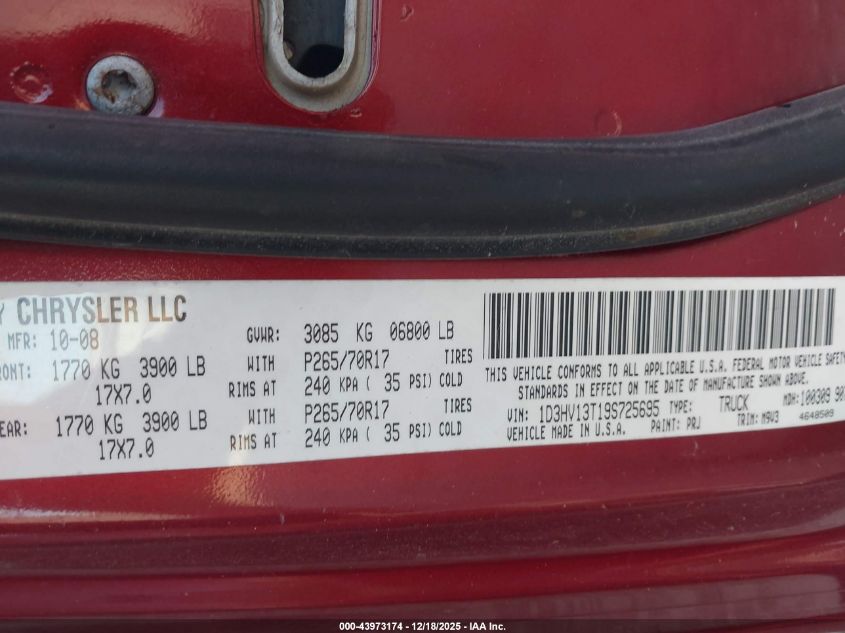 2009 Dodge Ram 1500 Slt/Sport/Trx VIN: 1D3HV13T19S725695 Lot: 43973174