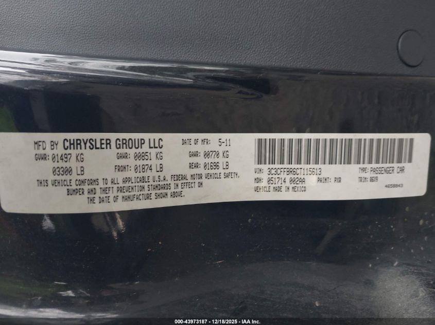 2012 Fiat 500 Sport VIN: 3C3CFFBR6CT115613 Lot: 43973187