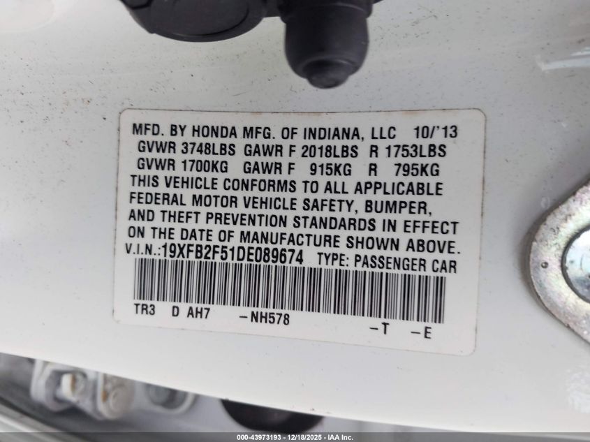 2013 Honda Civic Lx VIN: 19XFB2F51DE089674 Lot: 43973193