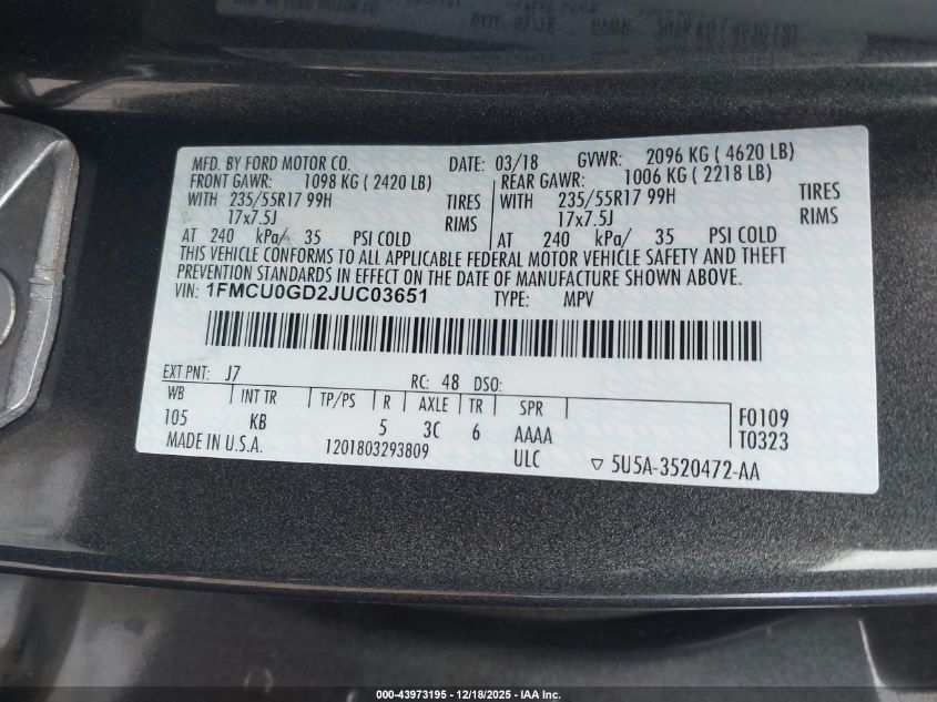 2018 Ford Escape Se VIN: 1FMCU0GD2JUC03651 Lot: 43973195