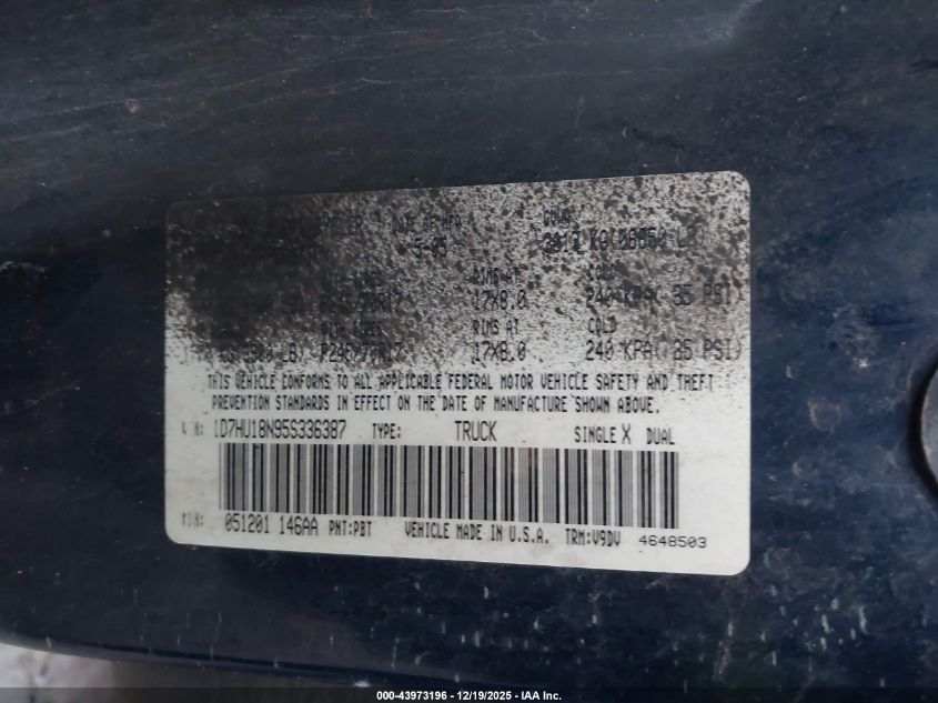 2005 Dodge Ram 1500 Slt/Laramie VIN: 1D7HU18N95S336387 Lot: 43973196