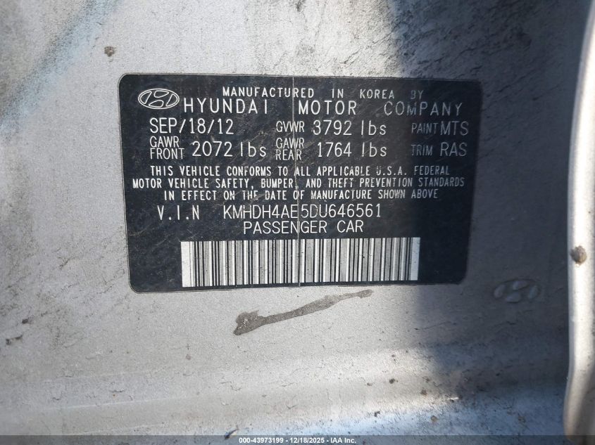 2013 Hyundai Elantra Gls/Limited VIN: KMHDH4AE5DU646561 Lot: 43973199