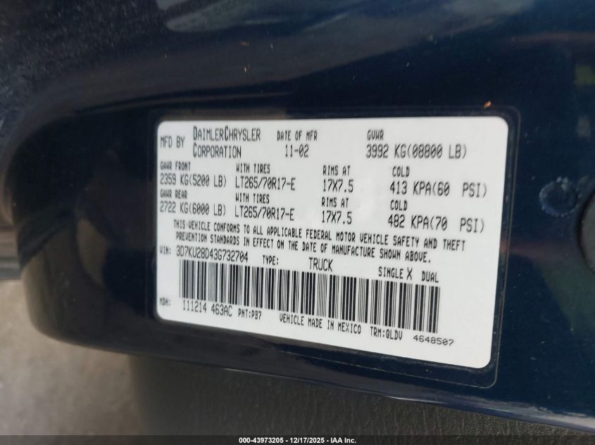 2003 Dodge Ram 2500 Slt/Laramie/St VIN: 3D7KU28D43G732704 Lot: 43973205