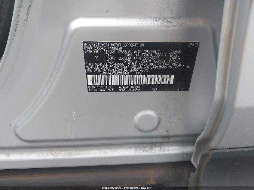 2013 Toyota Rav4 Xle VIN: JTMWFREV6DD011441 Lot: 43973206