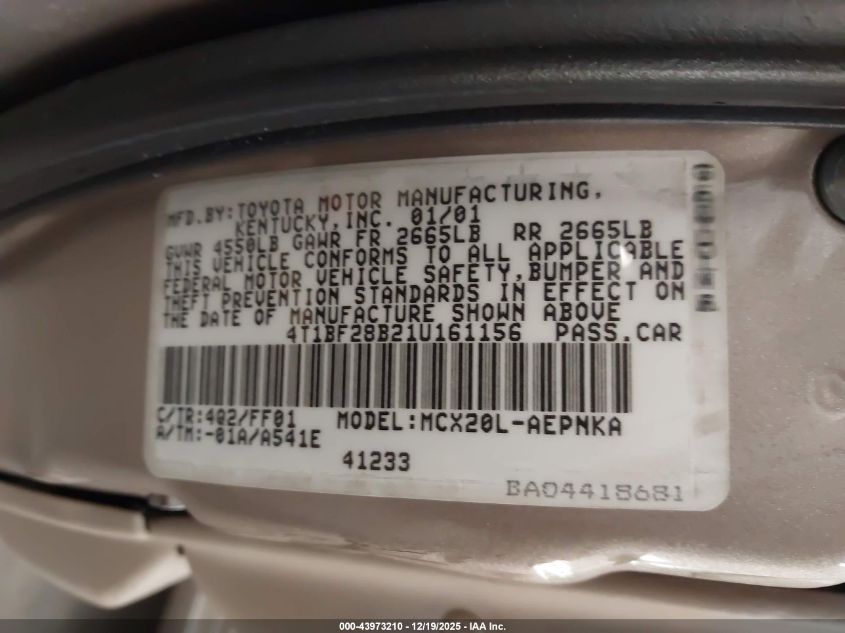 2001 Toyota Avalon Xl VIN: 4T1BF28B21U161156 Lot: 43973210